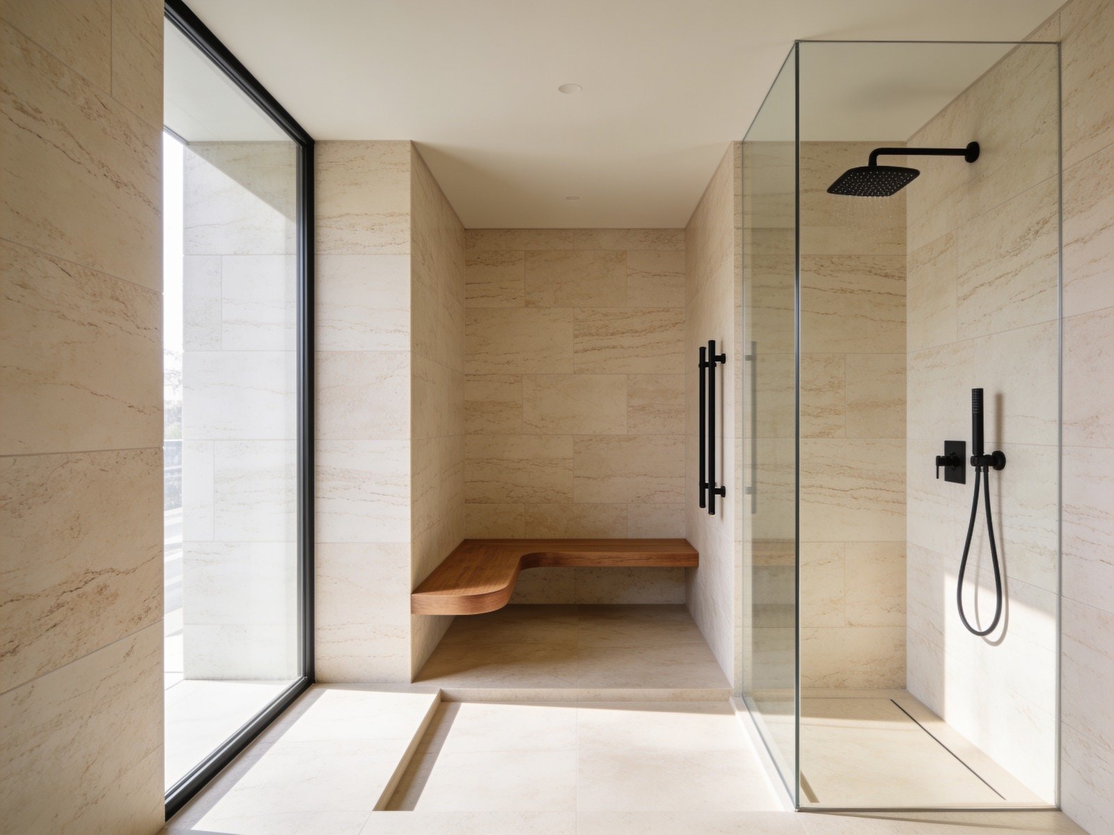 Curbless walk-in shower with teak bench designed for aging in place