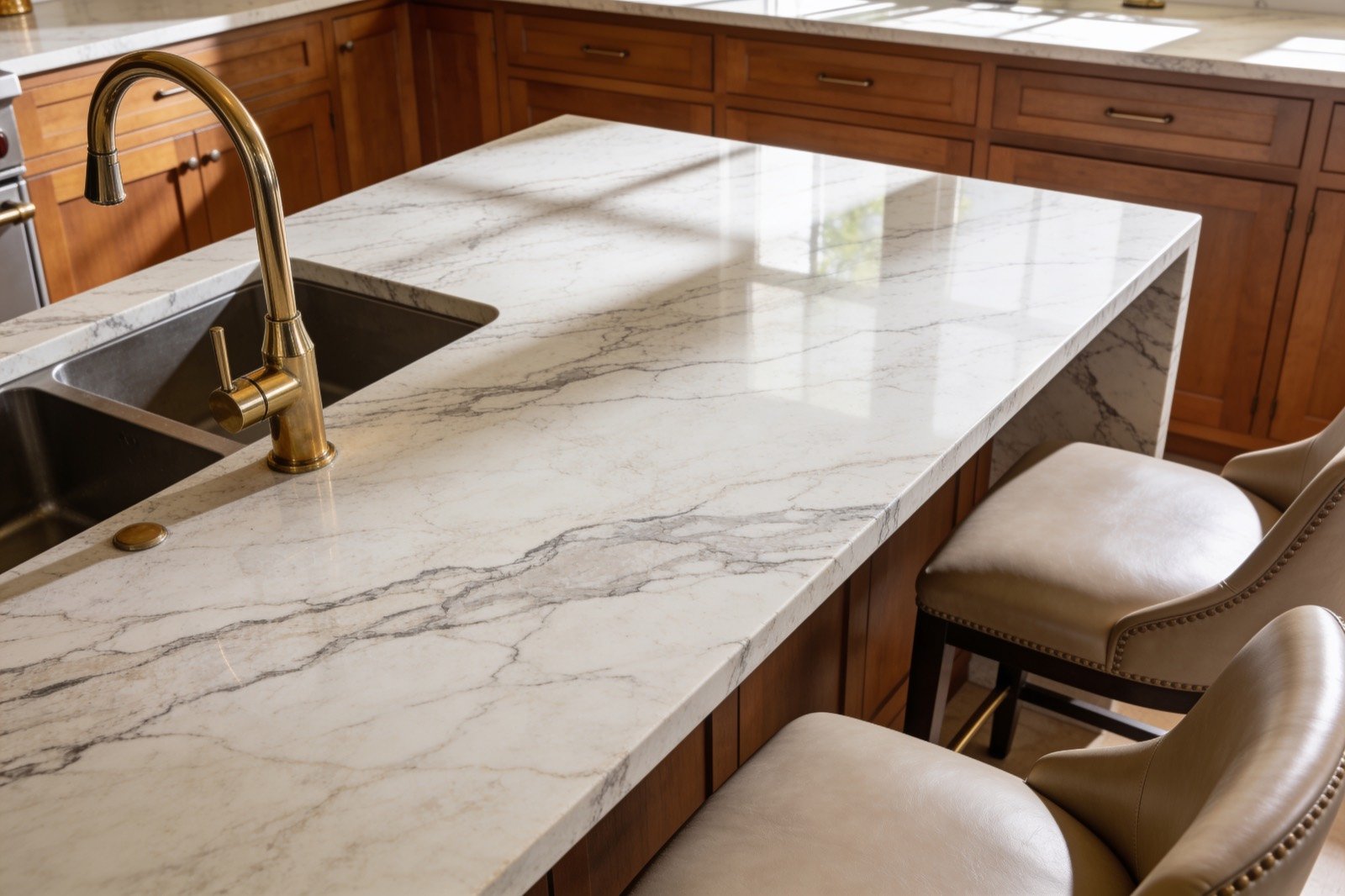 Marble waterfall kitchen island with brass faucet